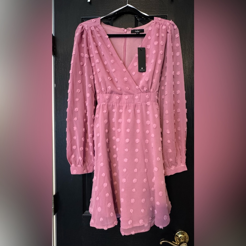 NWT Lulu's Always On Repeat Long Sleeve Clip Dot Dress Dusty Rose